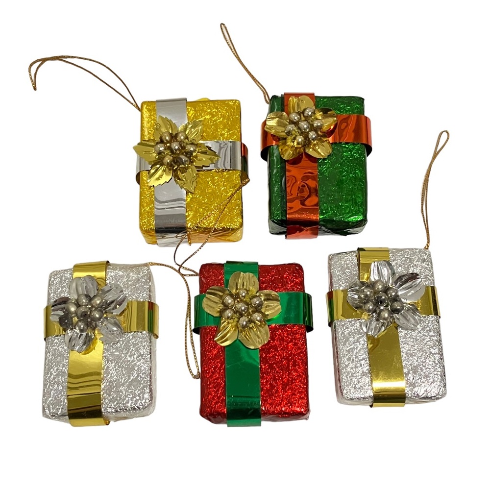 Vintage Foil Wrapped Christmas Presents Japan Christmas Ornaments Lot of 5